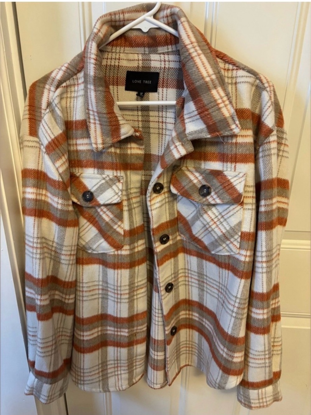 Love Tree Cream and Rust Plaid Utility Shacket